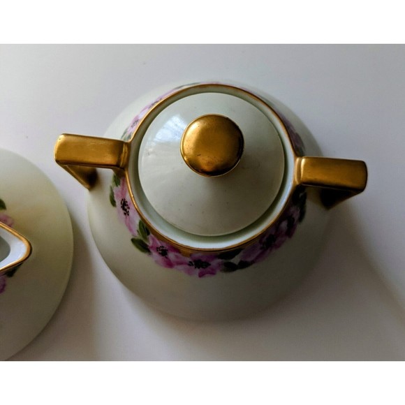 BAVARIA HAND PAINTED ROSE FLORAL & GOLD ART DECO CREAMER & SUGAR - Picture 5 of 7